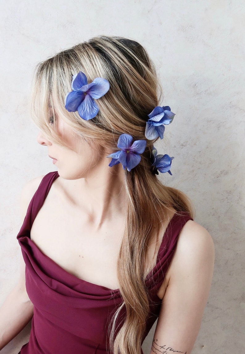 Sapphire blue floral hair pins, vibrant flower clips, hydrangea hair pin set, bridesmaids hair clips, bright blue bridal hair flowers image 2