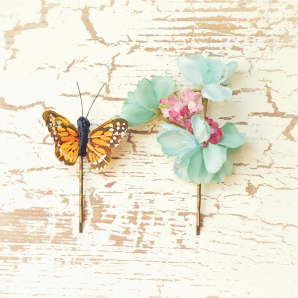 Flower hair clips, butterfly bobby pins, teal floral hair pins, hair accessories by Gardens of Whimsy on Etsy