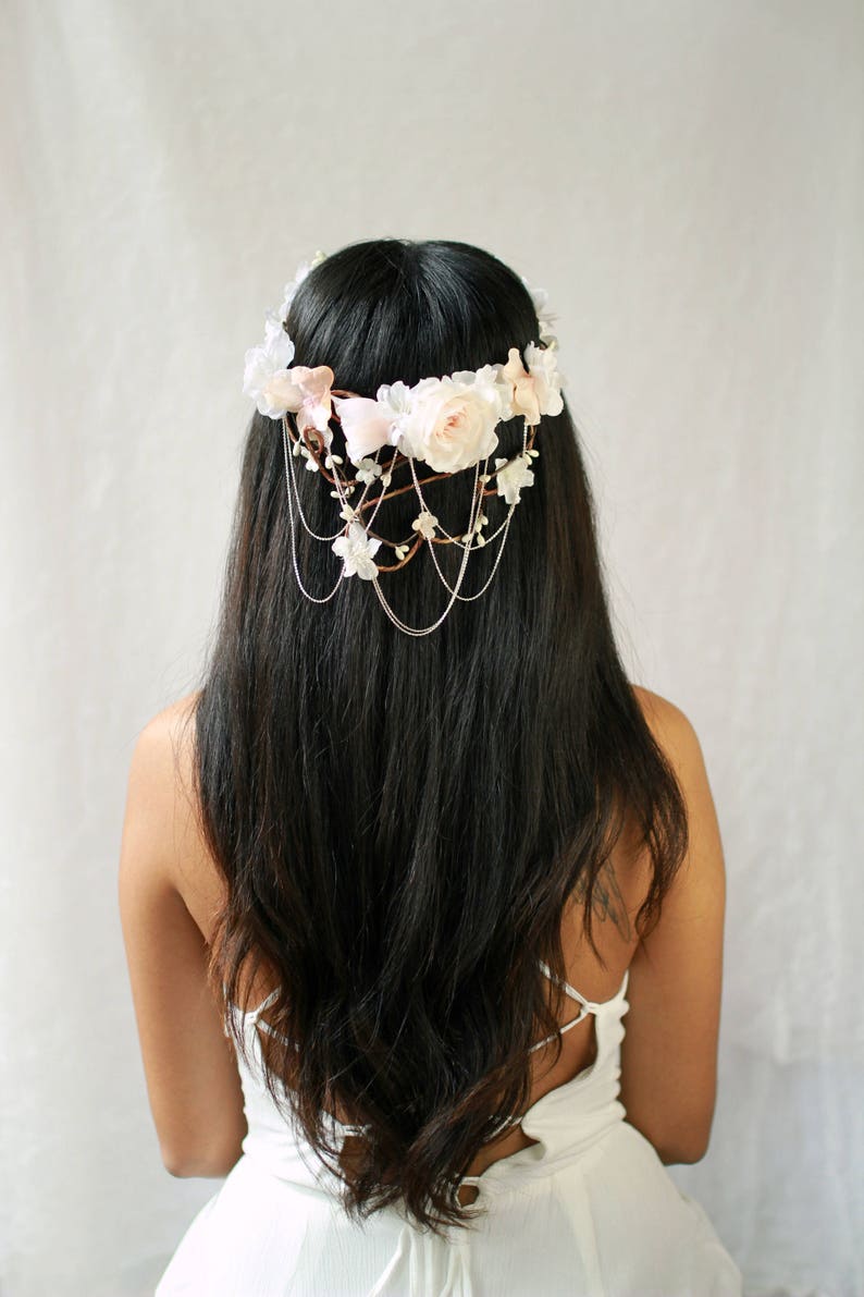 Bridal vine crown, White flower crown, Blush floral circlet, Wedding crown headpiece, Elegant hair wreath, Floral hair bouquet Crown Only image 9