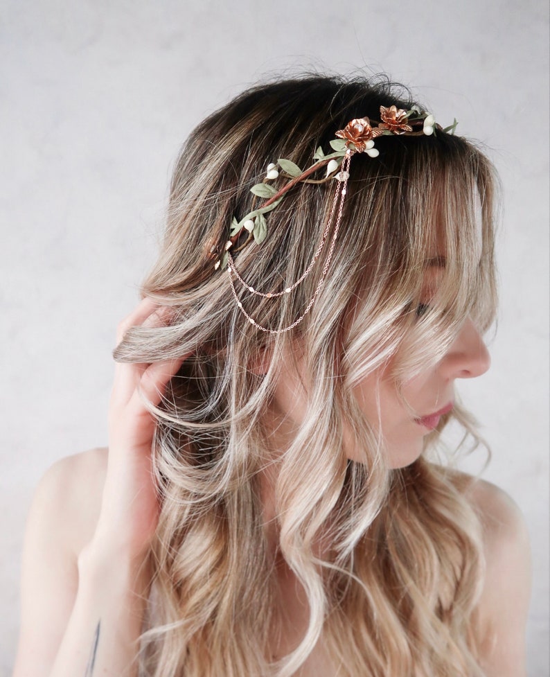 Rose gold flower crown, rose pip vine circlet, whimsical bridal crown, rhinestone headpiece, metallic hair jewelry, woodland wedding halo image 1