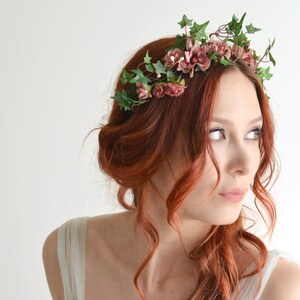 Ivy flower crown, pink floral crown, ivy headband, rose headpiece, garden wedding, hair accessory by gardens of whimsy