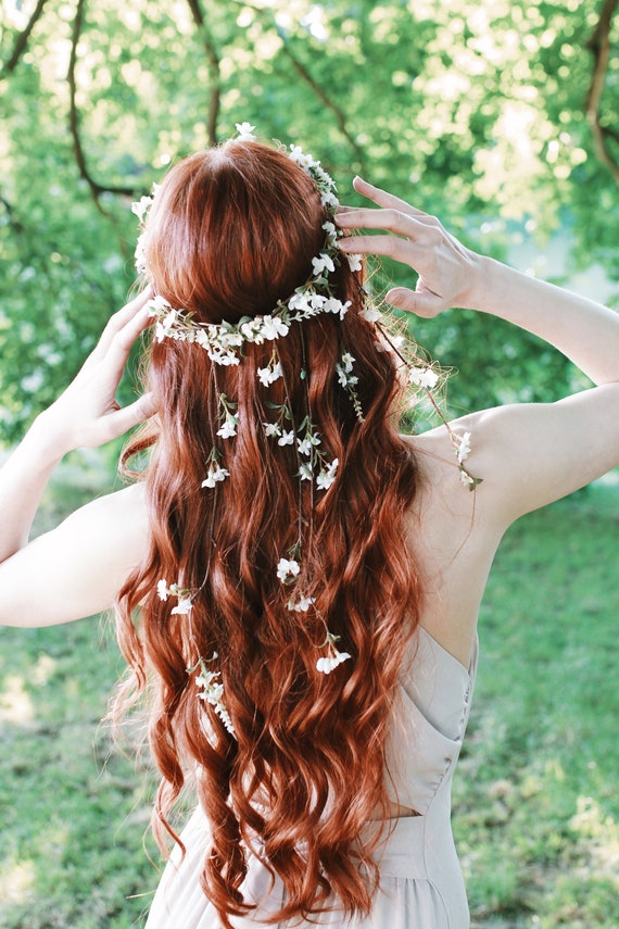 white wedding headpiece wildflower hair wreath hair vine crown floral  circlet medieval crown delicate bridal headpiece whimsical bride