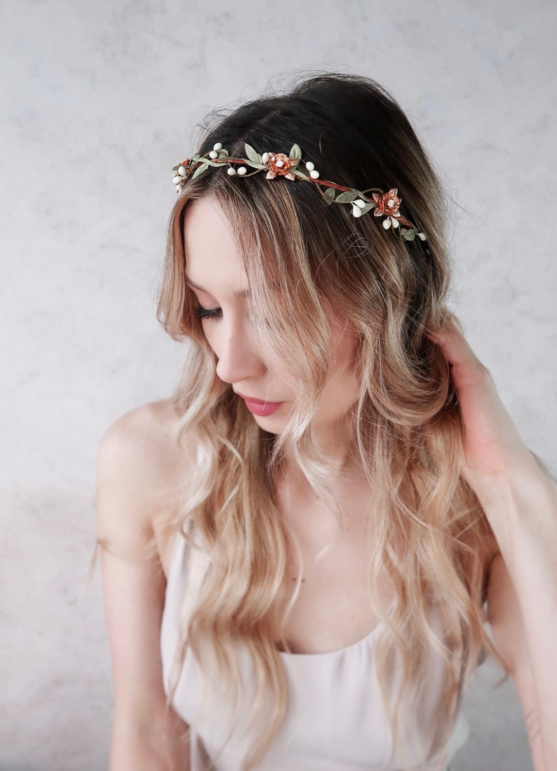 Rose gold flower crown, rose pip vine circlet, whimsical bridal crown, rhinestone headpiece, metallic hair jewelry, woodland wedding halo image 2