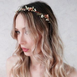 Rose gold flower crown, rose pip vine circlet, whimsical bridal crown, rhinestone headpiece, metallic hair jewelry, woodland wedding halo image 5