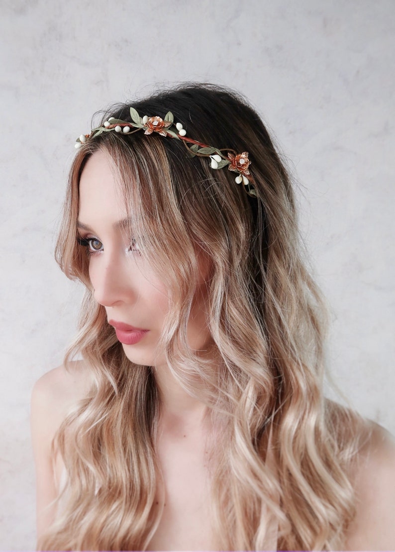 Rose gold flower crown, rose pip vine circlet, whimsical bridal crown, rhinestone headpiece, metallic hair jewelry, woodland wedding halo image 5