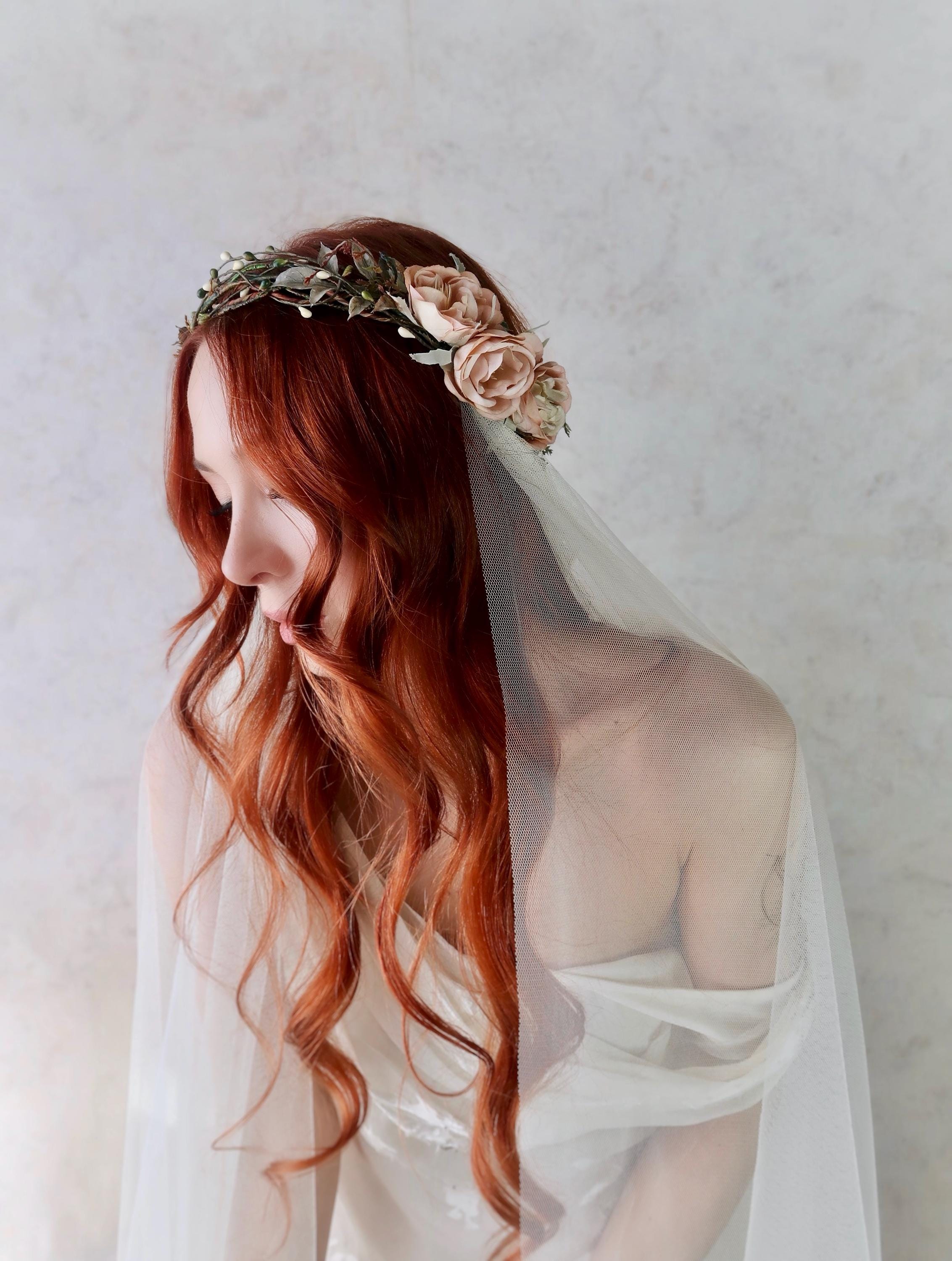 Wedding Bridal Veil Floral Garland Boho Flower Crown for Bachelorette Beach Wedd Boho Flower Crown With Veil: Pastel Wildflower Bridal  main image 2