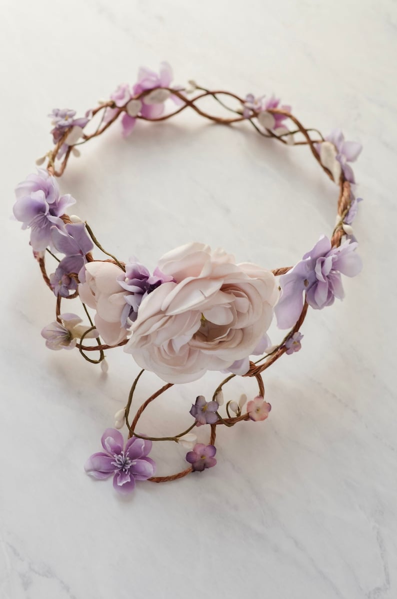 Bridal vine crown, Lavender flower crown, Blush floral circlet, Wedding crown headpiece, Elegant hair wreath, Whimsical hair wreath image 4