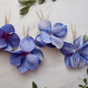 Sapphire blue floral hair pins, vibrant flower clips, hydrangea hair pin set, bridesmaids hair clips, bright blue bridal hair flowers image 3