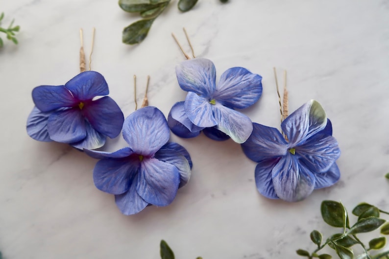 Sapphire blue floral hair pins, vibrant flower clips, hydrangea hair pin set, bridesmaids hair clips, bright blue bridal hair flowers image 3