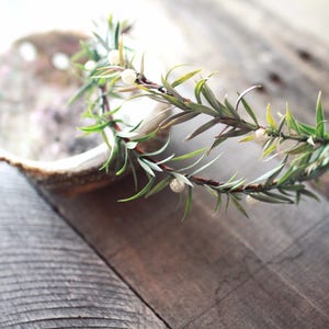 Rosemary and pearl crown, wedding hair wreath, leaf bridal headpiece, pearl tiara, rustic wedding crown, bridal headband by gardensofwhimsy image 4