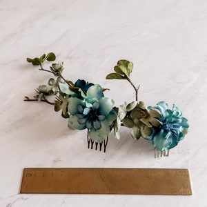 Woodland blue flower comb, teal floral half crown, bridal headpiece, fairytale wedding, boho bride crown, hair garland, twig head piece image 7