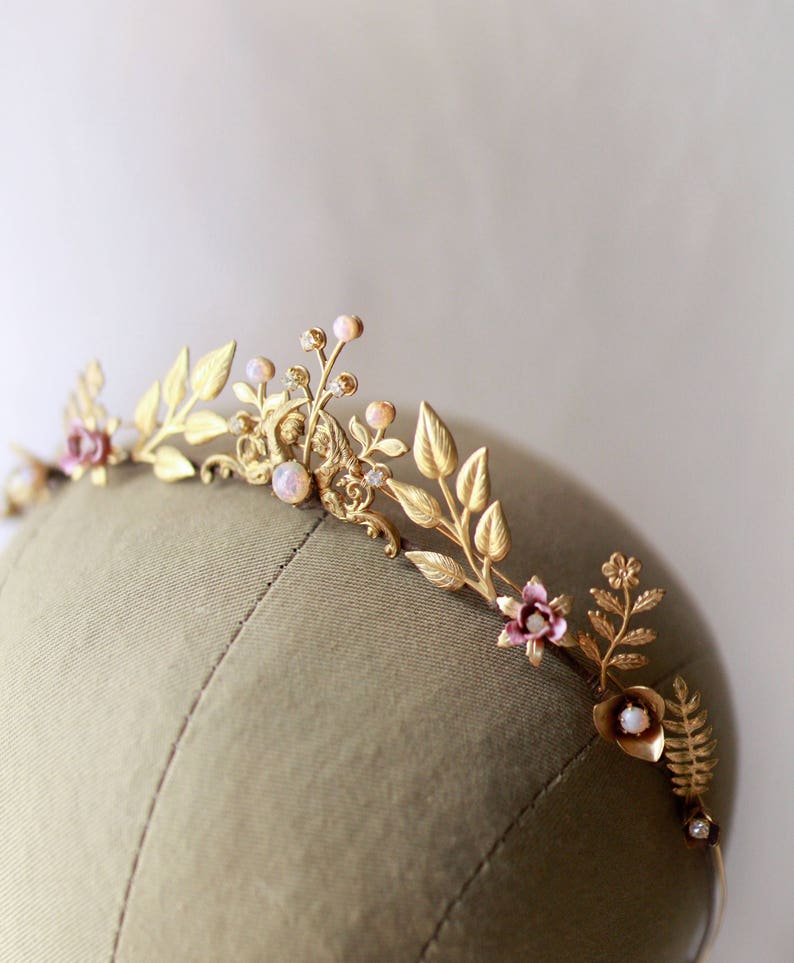 Gold diadem, vintage bridal crown, Opal bridal headpiece, Laurel leaf tiara, blush boho wedding crown, goddess headband, golden bridal tiara image 8