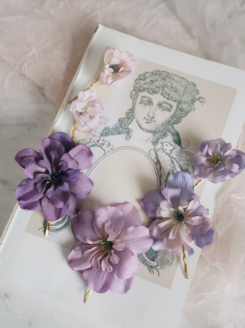 Lavender flower clips, purple blush floral pins, delphinium hair clip set, small floral clips, bridesmaids accessories, bridal hair pins image 3