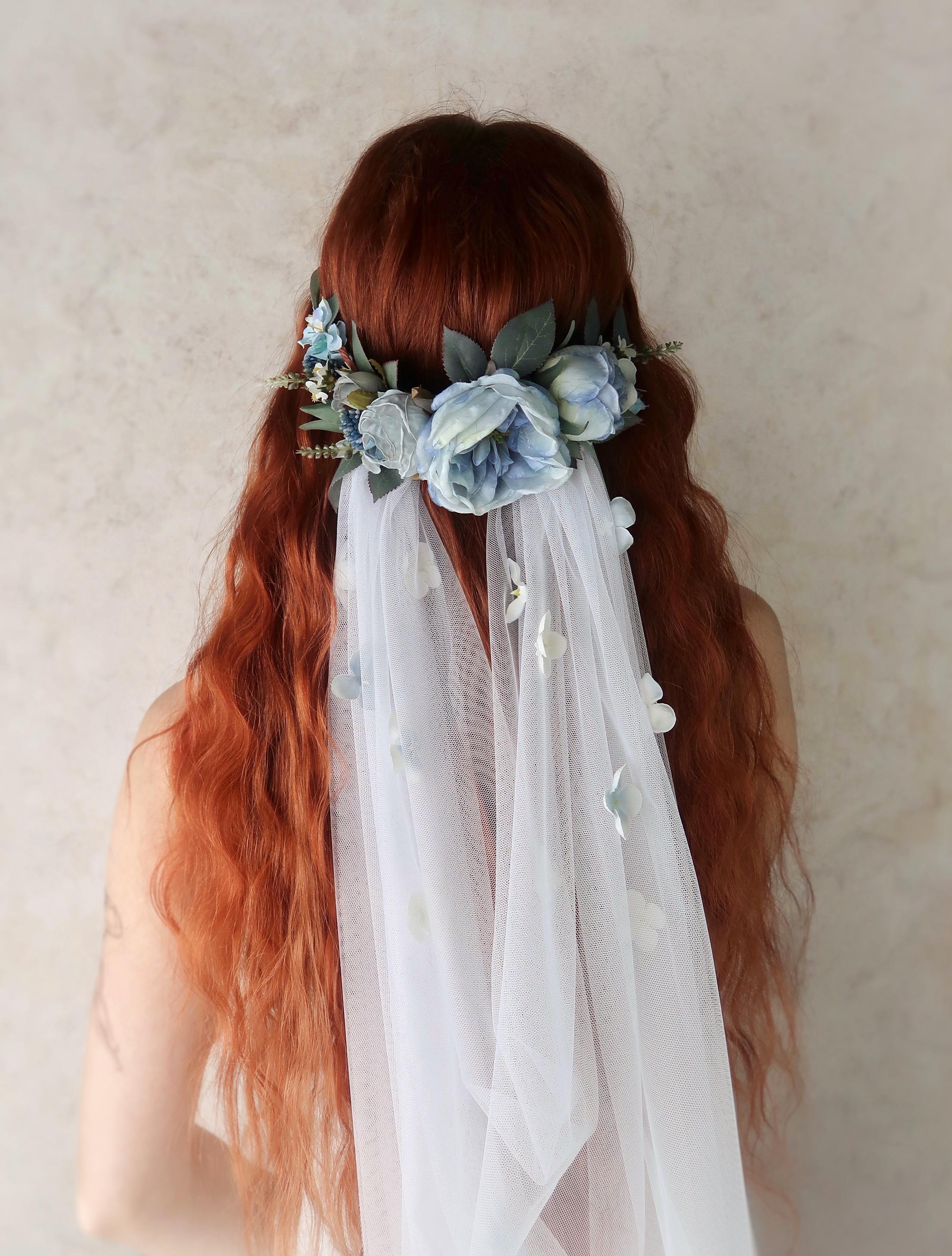 Bridal Flower Crown Veil, Blue Floral Veil, Cathedral Length Veil