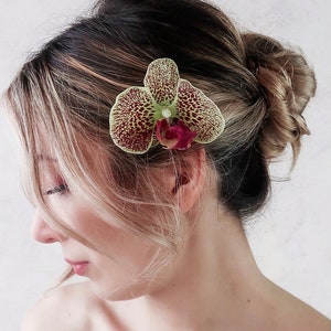 Orchid hair clip, tropical hair accessory, beach wedding, green and pink hair pin, hair flowers, whimsical headpiece, simple floral clip image 3