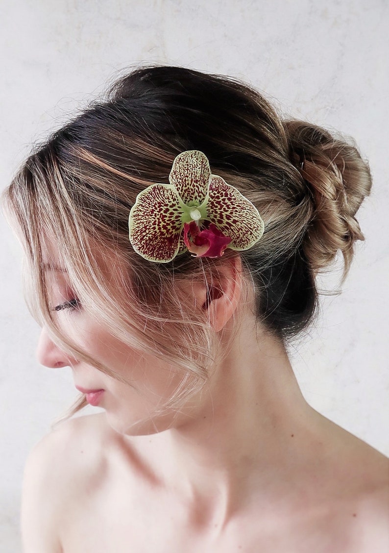 Orchid hair clip, tropical hair accessory, beach wedding, green and pink hair pin, hair flowers, whimsical headpiece, simple floral clip image 3