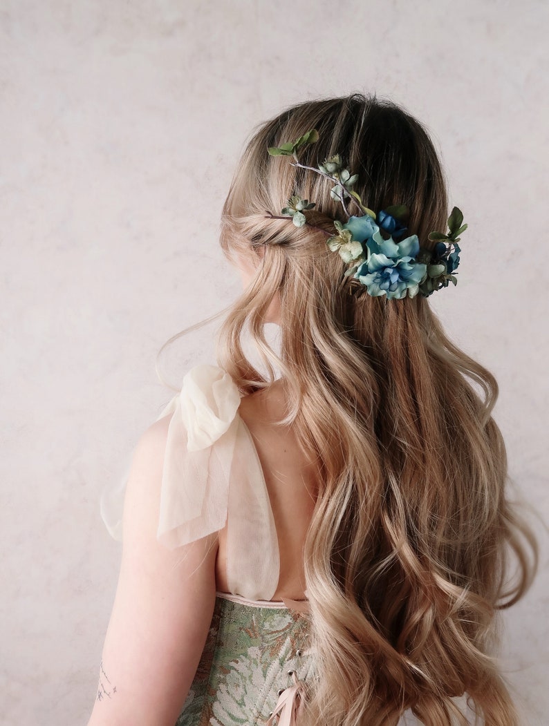 Woodland blue flower comb, teal floral half crown, bridal headpiece, fairytale wedding, boho bride crown, hair garland, twig head piece image 1