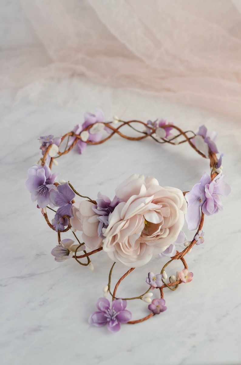 Bridal vine crown, Lavender flower crown, Blush floral circlet, Wedding crown headpiece, Elegant hair wreath, Whimsical hair wreath image 6