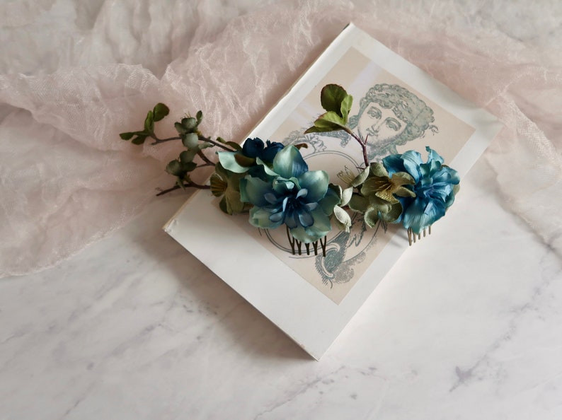 Woodland blue flower comb, teal floral half crown, bridal headpiece, fairytale wedding, boho bride crown, hair garland, twig head piece image 6