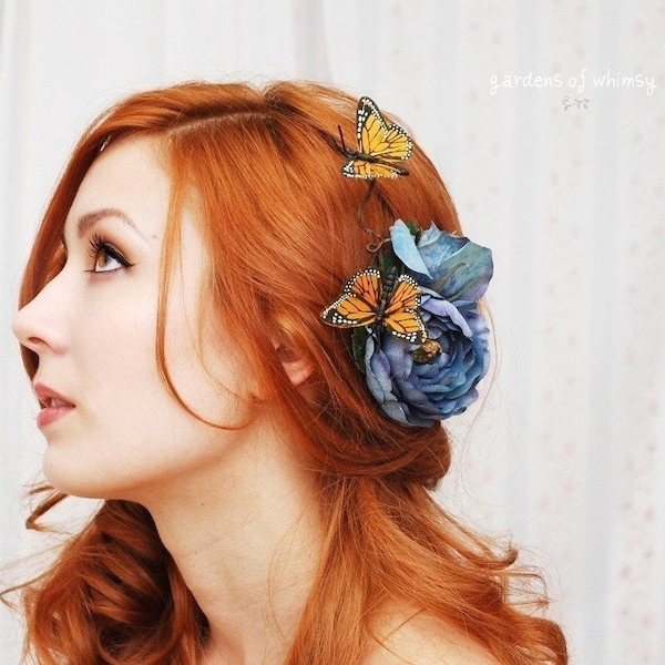 Pince à cheveux papillon, épingle à cheveux rose bleue, accessoire de coiffure de mariée, pince à cheveux de monarque, bandeau floral, pince de mariée bohème, accessoire de cheveux de mariage