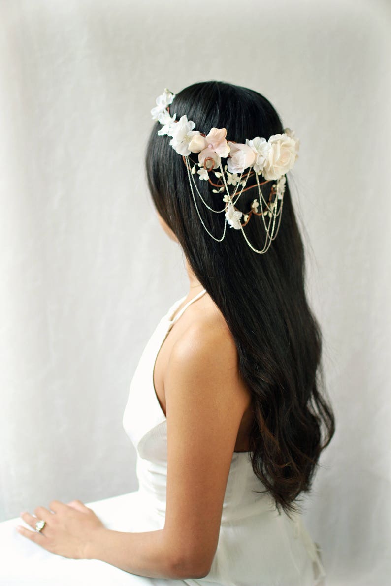 Bridal vine crown, White flower crown, Blush floral circlet, Wedding crown headpiece, Elegant hair wreath, Floral hair bouquet Crown Only image 5