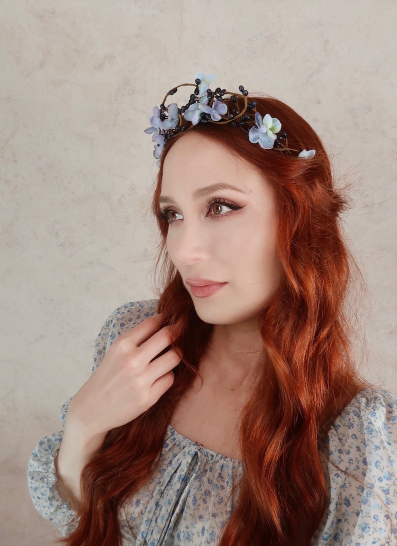 Rustic spring twig crown, woodland blue floral headband, blue flower hair vine, branch headpiece, spring hair accessories, navy pip crown image 7