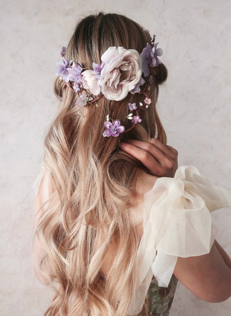 Bridal vine crown, Lavender flower crown, Blush floral circlet, Wedding crown headpiece, Elegant hair wreath, Whimsical hair wreath image 1