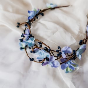 Rustic spring twig crown, woodland blue floral headband, blue flower hair vine, branch headpiece, spring hair accessories, navy pip crown image 4