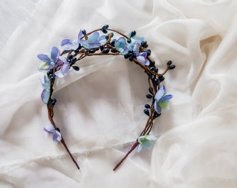 Rustic spring twig crown, woodland blue floral headband, blue flower hair vine, branch headpiece, spring hair accessories, navy pip crown