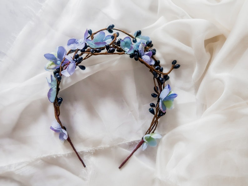 Rustic spring twig crown, woodland blue floral headband, blue flower hair vine, branch headpiece, spring hair accessories, navy pip crown image 1