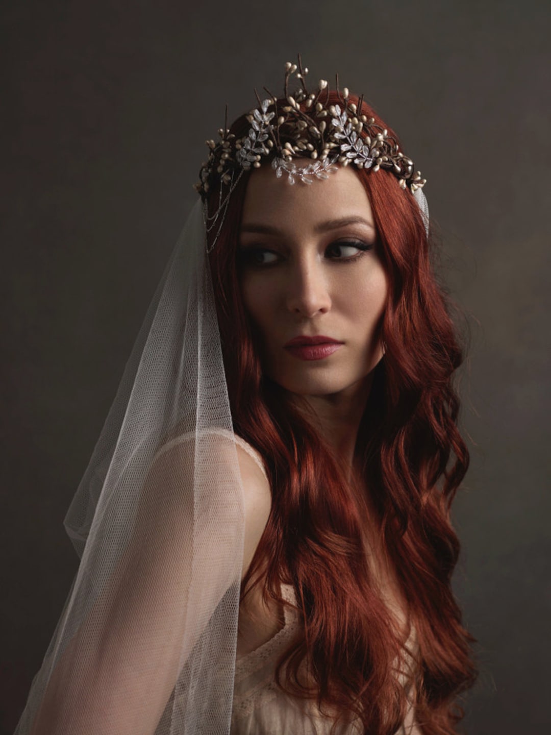 Silver Wedding Headpiece, Bridal Veil, Boho Crown, Long  display picture 3