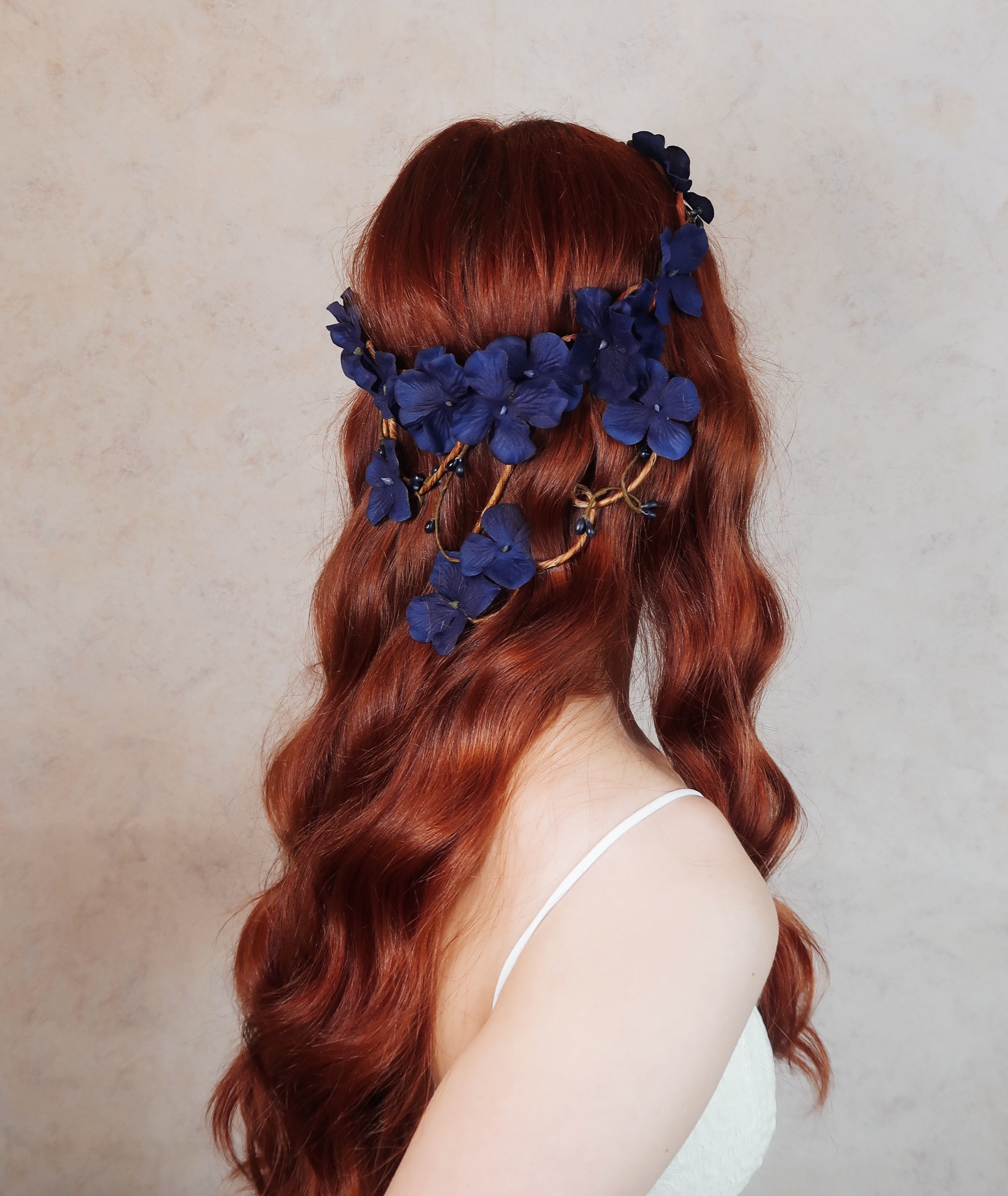 Navy blue flower crown, floral hair wreath, bridal vine crown, wedding headpiece, medieval bridal hair circlet, navy wedding hair piece