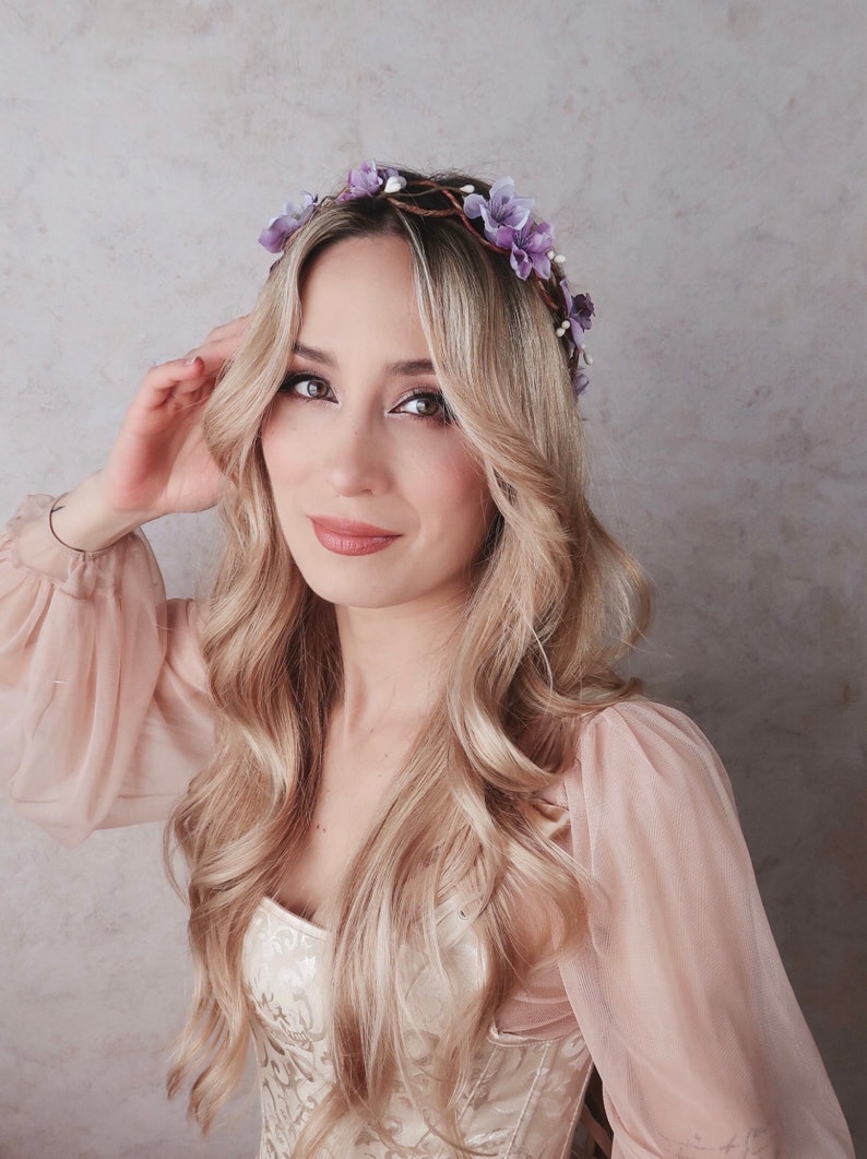 Bridal vine crown, Lavender flower crown, Blush floral circlet, Wedding crown headpiece, Elegant hair wreath, Whimsical hair wreath image 5