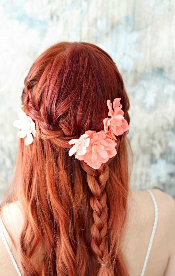 Bridal Flower Clips Salmon Pink Floral Pins Flower Hair Etsy