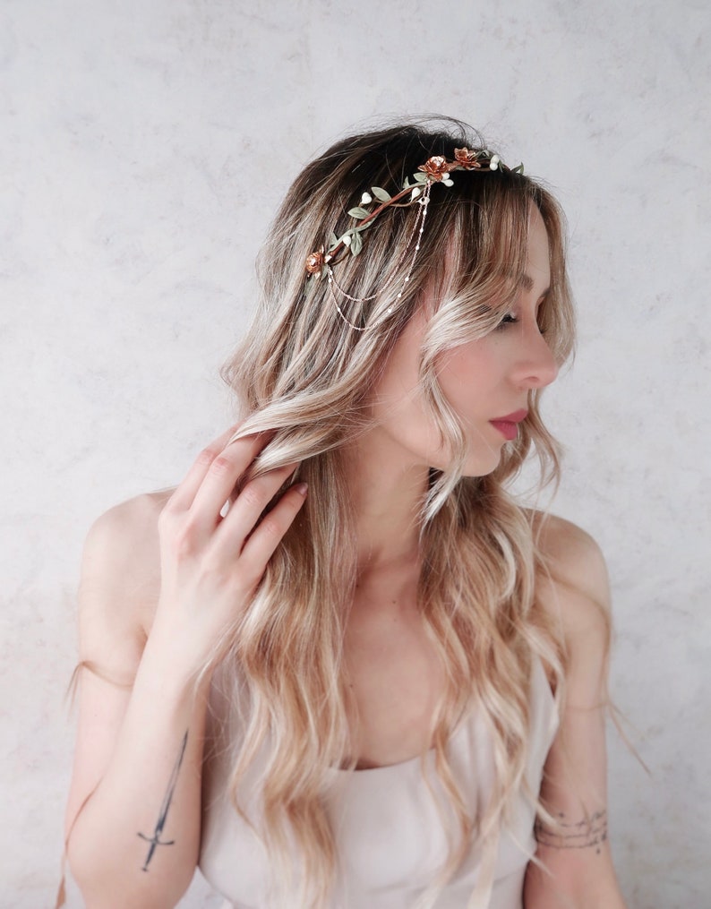 Rose gold flower crown, rose pip vine circlet, whimsical bridal crown, rhinestone headpiece, metallic hair jewelry, woodland wedding halo image 4