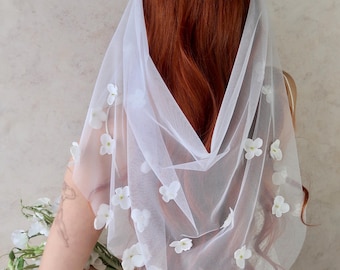 White floral veil, short bridal veil, white wedding veil, elbow length veil, draping veil, petal veil, bridal headpiece, veil with flowers