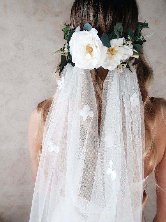 White Wedding Veil, Floral Crown Veil, Eucalyptus Flower 