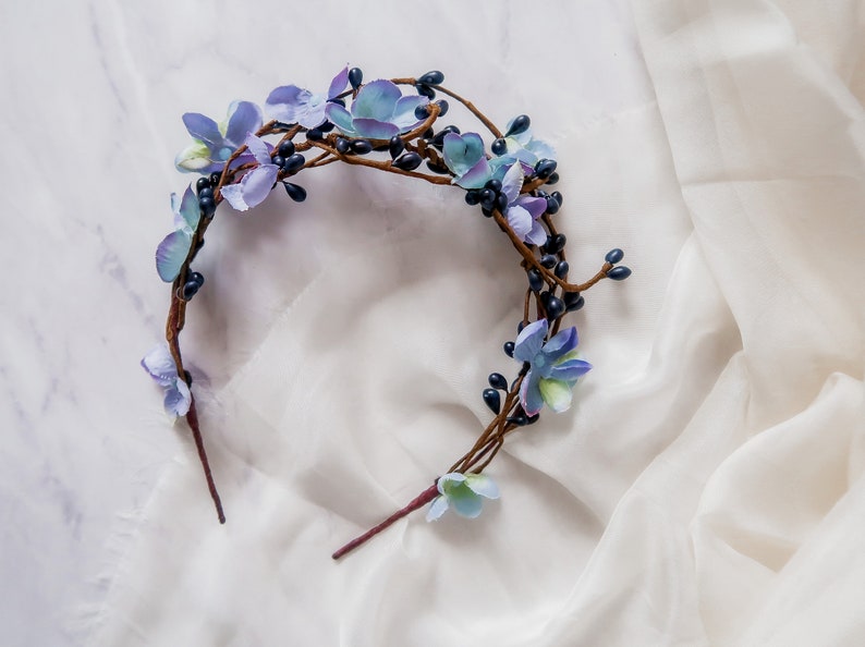 Rustic spring twig crown, woodland blue floral headband, blue flower hair vine, branch headpiece, spring hair accessories, navy pip crown image 6