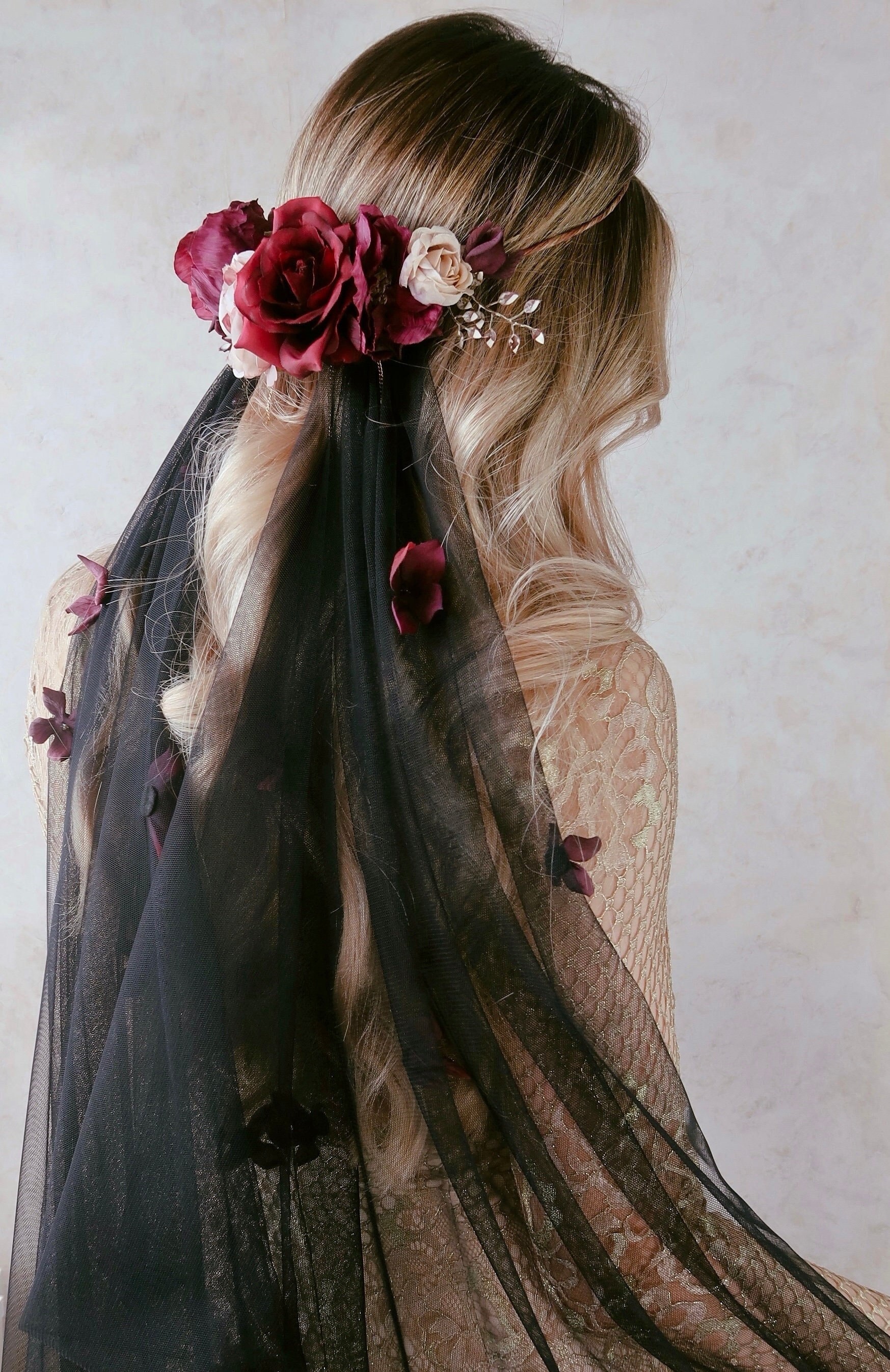 Persephone Crown With Veil, Black Wedding Veil, Burgundy  display picture 2