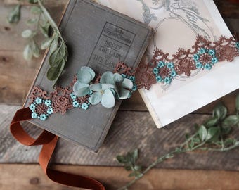 Victorian choker, embroidered floral necklace, velvet choker, ribbon choker, vintage jewelry, romantic chokers, turquoise flower accessory