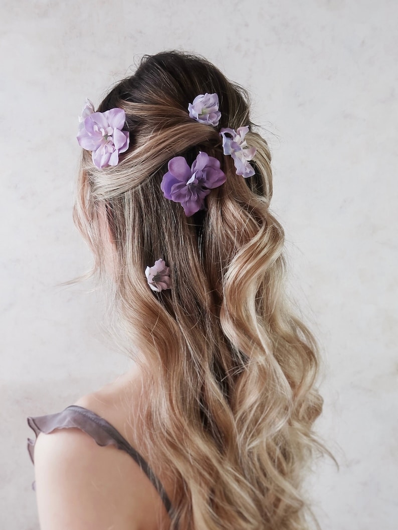 Lavender flower clips, purple blush floral pins, delphinium hair clip set, small floral clips, bridesmaids accessories, bridal hair pins image 2