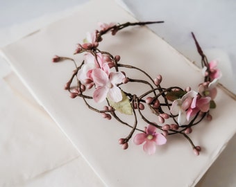 Blush pink twig crown, woodland branch headband, boho bridal hair crown, floral hair vine, spring flower headpiece, pastel pink fairy tiara