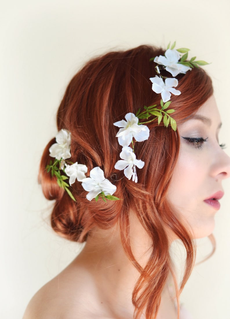 White flower hair vine, Bridal headpiece, Wedding hair accessory, floral hair clip by Gardens of Whimsy Lore image 1