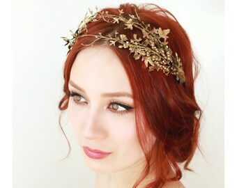 Golden leaf crown, bridal hair adornment, grecian crown, woodland headpiece, natural tiara, forest crown, whimsical wedding hair accessories