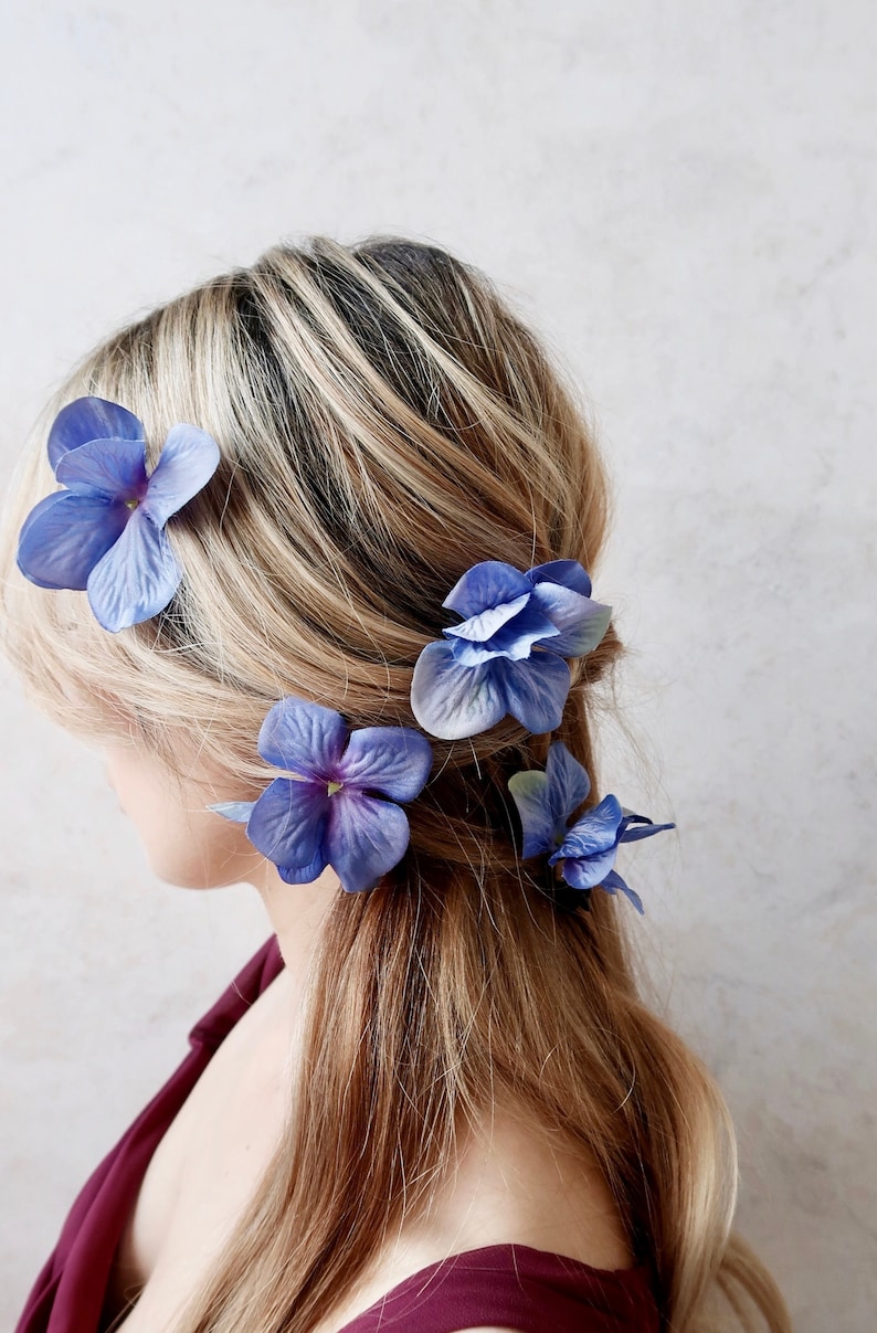 Sapphire blue floral hair pins, vibrant flower clips, hydrangea hair pin set, bridesmaids hair clips, bright blue bridal hair flowers image 5