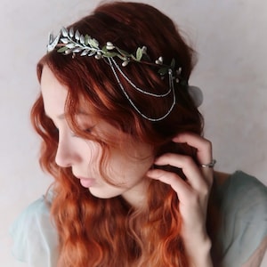 Silver moon headpiece, crescent moon crown, laurel wreath, goddess tiara, medieval crown, silver wedding headband, celestial hair accessory