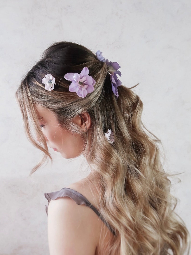 Lavender flower clips, purple blush floral pins, delphinium hair clip set, small floral clips, bridesmaids accessories, bridal hair pins image 1