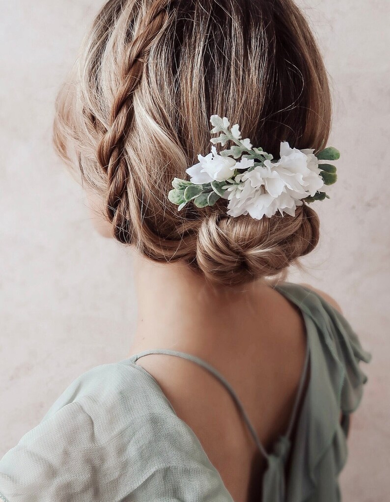 White bridal hair comb, white flower greenery comb, foliage babys breath comb, wedding hair piece, eucalyptus head piece, garden wedding image 4