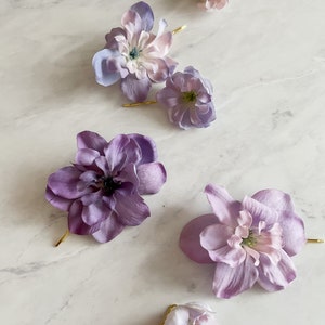 Lavender flower clips, purple blush floral pins, delphinium hair clip set, small floral clips, bridesmaids accessories, bridal hair pins image 4