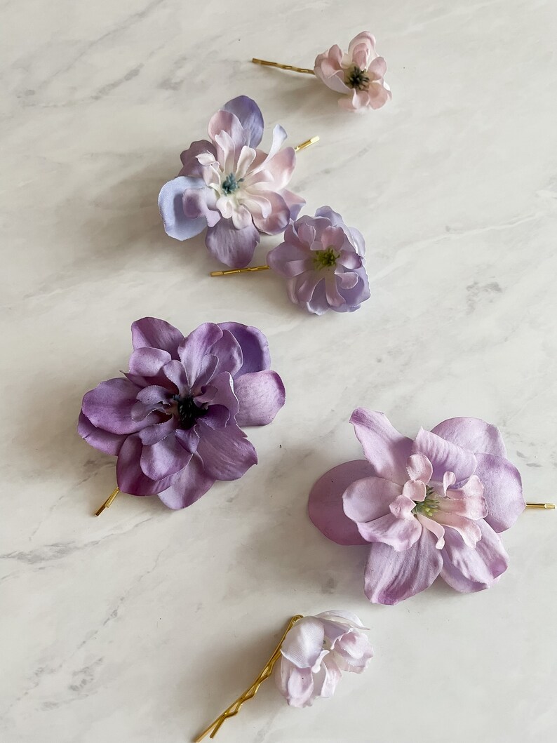 Lavender flower clips, purple blush floral pins, delphinium hair clip set, small floral clips, bridesmaids accessories, bridal hair pins image 4